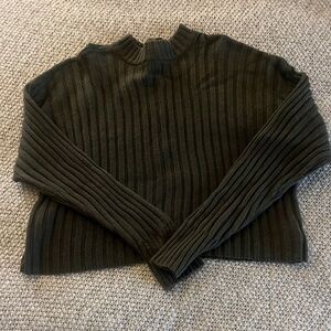 American Eagle Outfitters Cropped Dark Green Ribbed Turtleneck Sweater